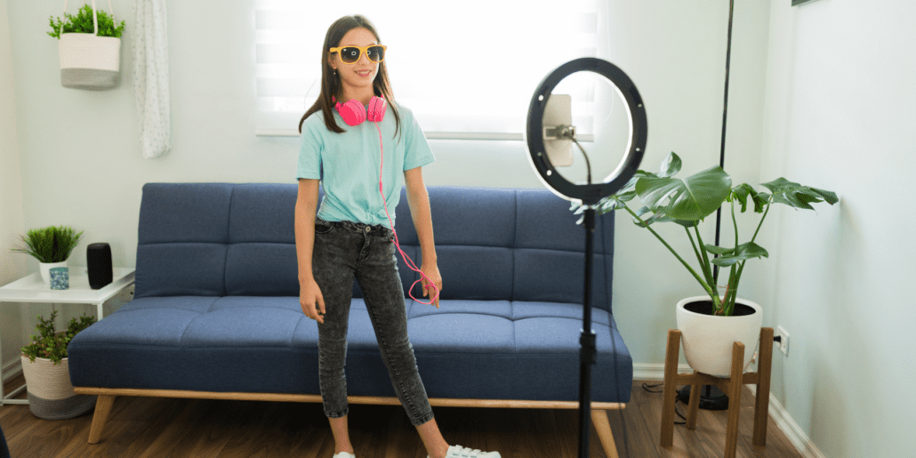 little girl making music video