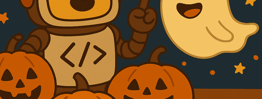 ai themed halloween jokes image with a robot and pumpkins