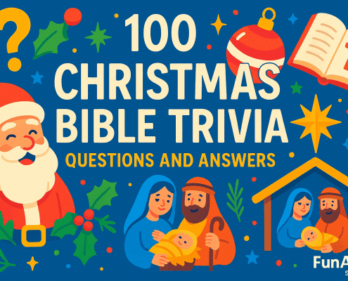 A colorful, playful digital illustration featuring the title “100 Christmas Bible Trivia Questions and Answers” centered on a bright blue background. Festive elements surround the text, including Santa, holly, ornaments, stars, an open Bible with a red cross, and a nativity scene with Mary, Joseph, and baby Jesus. “FunAttic. Since 1998” appears in the bottom right corner.