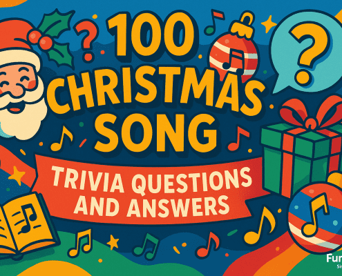 A vibrant 2D Christmas-themed illustration featuring bold, playful shapes and saturated colors. The center displays the title “100 Christmas Song Trivia Questions and Answers” in large yellow and white letters. Santa Claus, musical notes, ornaments, a wrapped gift, a treble clef, and an open songbook surround the text. Festive confetti and colorful waves fill the background. The bottom right corner includes the small white text “FunAttic. Since 1998.”