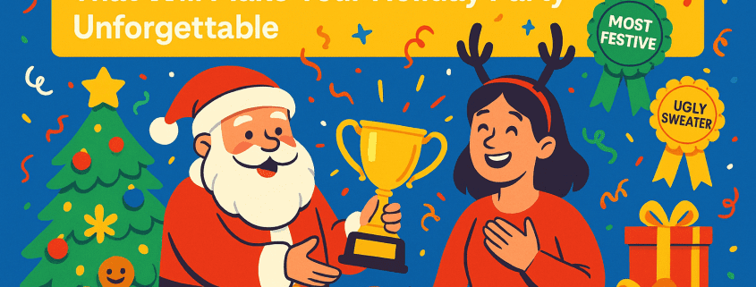 A vibrant, whimsical Christmas illustration featuring Santa cheerfully handing a golden trophy to a smiling woman wearing reindeer antlers. A decorated Christmas tree, gingerbread figures, wrapped presents, colorful confetti, and award ribbons labeled “Most Festive” and “Ugly Sweater” surround them. At the top, a bright yellow banner displays the title “100 Funny Christmas Awards Ideas That Will Make Your Holiday Party Unforgettable.” The FunAttic. Since 1998 logo appears in the bottom right corner. The artwork uses bold, saturated colors and clean cartoon-style lines to create a joyful, celebratory holiday atmosphere.