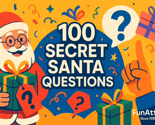 A bright, playful digital illustration in bold colors showing Santa Claus holding a wrapped gift with a question-mark tag. A large blue shape sits in the center with the text “100 Secret Santa Questions.” Colorful confetti, stars, and gift icons fill the background. A raised hand on the right points toward a speech bubble containing a question mark. “FunAttic. Since 1998” appears in the bottom right corner.