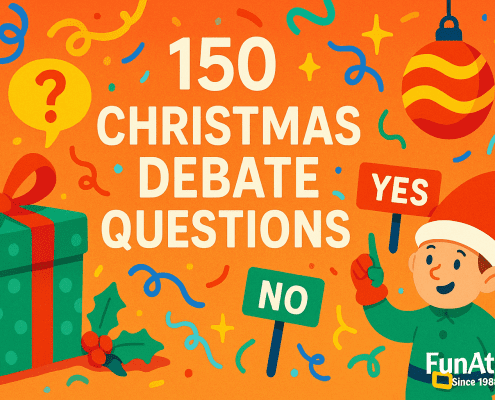 A bright, playful Christmas-themed illustration with bold colors. The title “150 Christmas Debate Questions” appears in large centered text. Confetti, stars, an ornament, a wrapped gift, and holly decorate the background. An elf on the right holds signs that say “YES” and “NO.” The bottom right corner displays the text “FunAttic. Since 1988.”