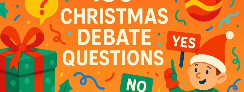 A bright, playful Christmas-themed illustration with bold colors. The title “150 Christmas Debate Questions” appears in large centered text. Confetti, stars, an ornament, a wrapped gift, and holly decorate the background. An elf on the right holds signs that say “YES” and “NO.” The bottom right corner displays the text “FunAttic. Since 1988.”