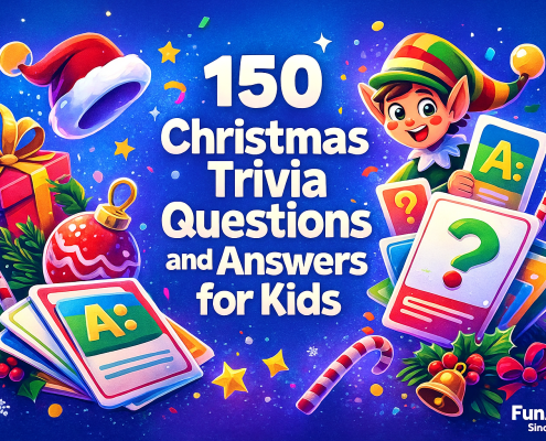 A colorful 2D digital illustration for a blog titled "150 Christmas Trivia Questions and Answers for Kids." Santa and a smiling reindeer stand on each side of a large green sign with the title in bold letters. Snow, holly leaves, gifts, candy canes, confetti, and ornaments surround the scene. A small open book and holiday decorations sit at the bottom. The background shows a snowy landscape with bright blue skies. “FunAttic. Since 1998” appears in the bottom right corner.