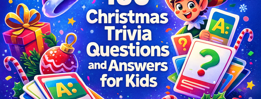 A colorful 2D digital illustration for a blog titled "150 Christmas Trivia Questions and Answers for Kids." Santa and a smiling reindeer stand on each side of a large green sign with the title in bold letters. Snow, holly leaves, gifts, candy canes, confetti, and ornaments surround the scene. A small open book and holiday decorations sit at the bottom. The background shows a snowy landscape with bright blue skies. “FunAttic. Since 1998” appears in the bottom right corner.