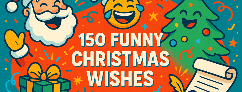 A vibrant 16:9 illustrated Christmas-themed graphic featuring a joyful Santa, a laughing emoji in a Santa hat, a smiling Christmas tree, a wrapped gift, and a festive scroll surrounded by colorful confetti and stars. The center displays the text “150 Funny Christmas Wishes” in bold white letters. The bottom right corner shows the branding “FunAttic. Since 1998.”