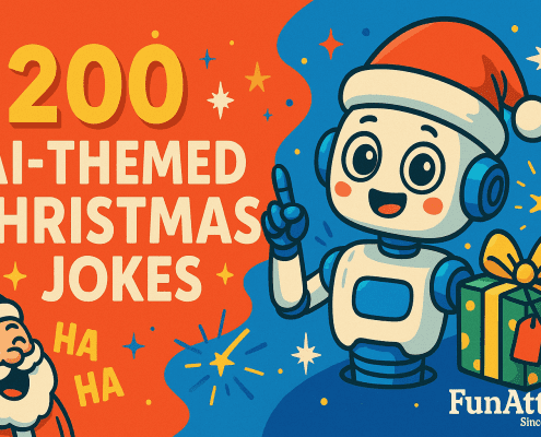 A colorful digital illustration for the blog title "200 AI-Themed Christmas Jokes" featuring the text centered on a bright red background with festive stars. A cheerful cartoon robot wearing a Santa hat holds a wrapped present on the right side against a blue backdrop. A laughing Santa character appears on the lower left. The FunAttic Since 1998 logo sits in the bottom right.