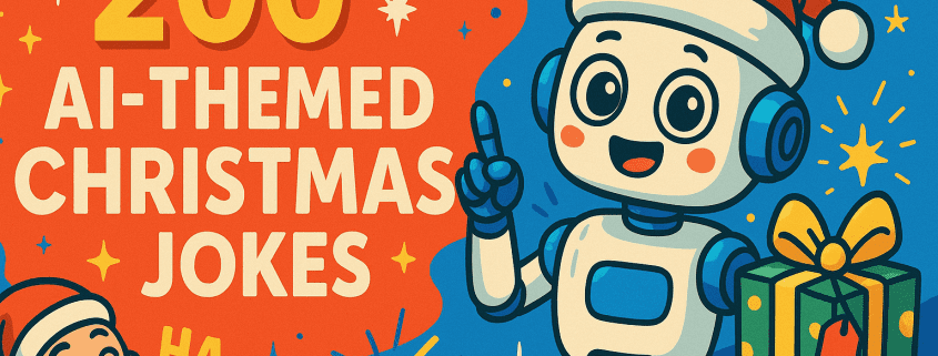 A colorful digital illustration for the blog title "200 AI-Themed Christmas Jokes" featuring the text centered on a bright red background with festive stars. A cheerful cartoon robot wearing a Santa hat holds a wrapped present on the right side against a blue backdrop. A laughing Santa character appears on the lower left. The FunAttic Since 1998 logo sits in the bottom right.