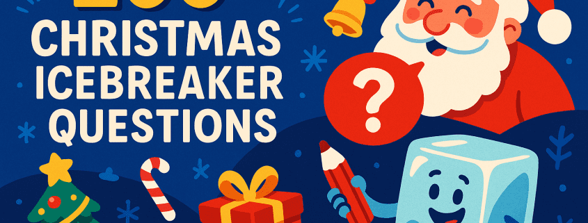 Whimsical digital illustration for a blog titled ‘200 Christmas Icebreaker Questions,’ featuring a cheerful Santa, a smiling ice cube holding a pencil, festive icons like a Christmas tree, gifts, candy canes, and bells, all in bold, colorful holiday style with the FunAttic Since 1998 branding.