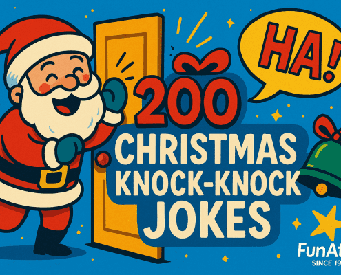 A whimsical 2D digital illustration shows a cheerful Santa Claus knocking on a golden door with a big smile. Bold text in the center reads “200 Christmas Knock-Knock Jokes” in playful, high-contrast lettering. A bright yellow speech bubble with “HA!” and a green bell tied with a red ribbon add to the festive energy. The background is a vibrant blue filled with scattered stars. “FunAttic. Since 1993” appears subtly in the bottom right corner. The overall tone is joyful, humorous, and perfect for a holiday-themed blog post.