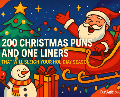 A vibrant 2D digital Christmas illustration featuring a cheerful Santa in a red sleigh waving joyfully, a smiling snowman holding a cookie, and a brightly decorated Christmas tree with colorful lights. Festive stars sparkle in the night sky, while wrapped presents and holiday lights enhance the playful, whimsical scene. Large text reads “200 Christmas Puns and One Liners That Will Sleigh Your Holiday Season,” with “FunAttic. Since 1998” displayed in the bottom right corner.