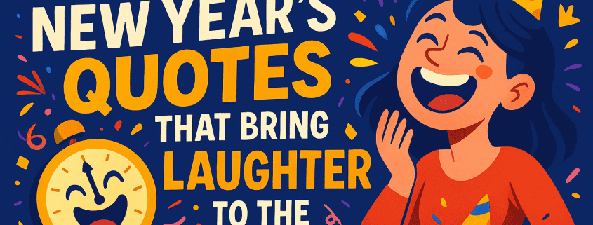 Illustrated New Year’s banner with the text “200 Funny New Year’s Quotes That Bring Laughter to the Countdown,” featuring a cheerful woman laughing in a party hat, a smiling countdown clock, colorful fireworks, confetti, and bold yellow-and-white lettering on a dark blue background, with the FunAttic logo in the bottom right corner.