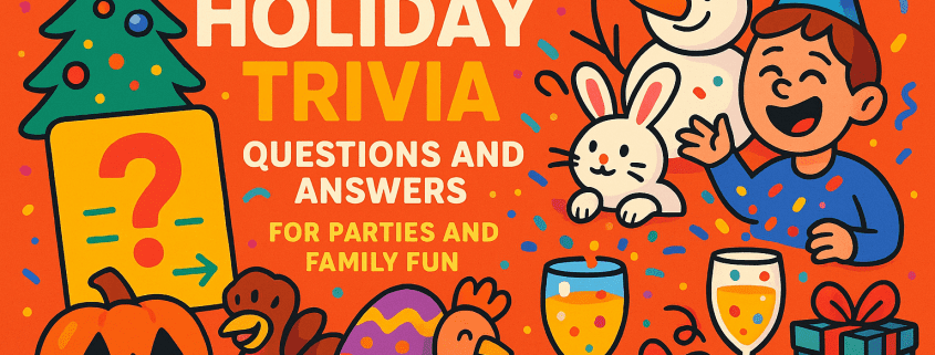 A vibrant, whimsical holiday-themed illustration featuring a Christmas tree, jack-o’-lantern, turkey, Easter egg, rooster, snowman, bunny, and a laughing child surrounded by confetti. Bold text reads “200 Holiday Trivia Questions and Answers for Parties and Family Fun.” Festive elements like gifts, balloons, and sparkling drinks enhance the celebratory mood. “FunAttic. Since 1998” appears in the bottom right corner.