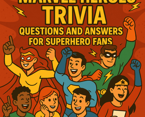 A brightly colored illustrated poster titled “200 Marvel Heroes Trivia Questions and Answers for Superhero Fans.” The background is a bold orange-red with lightning bolt graphics. At the top is large yellow text showing the title. Below it, groups of excited kids and superhero characters celebrate and raise their hands. The superheroes wear colorful costumes—yellow, blue, green, and red—while the kids sit at a table holding papers and pencils. At the bottom, the FunAttic logo appears with the text “Since 1998.” The overall style is playful, comic-like, and energetic.