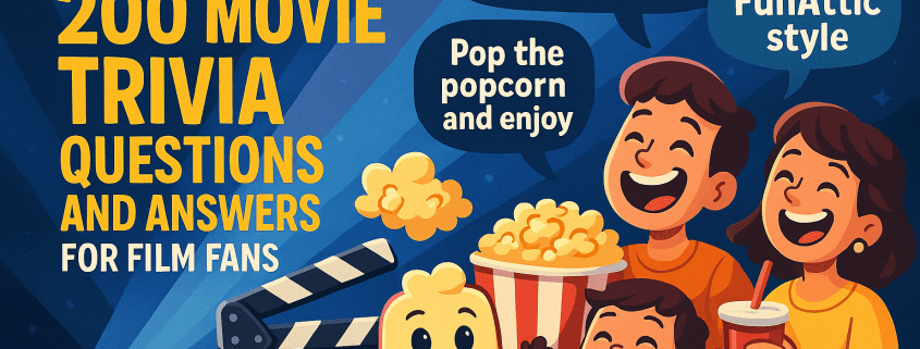 A vibrant, animated-style cartoon book cover featuring the title “200 Movie Trivia Questions and Answers for Film Fans” in bold lettering. The FunAttic “Since 1998” badge sits on the upper corner. The scene shows smiling cartoon movie characters, a clapperboard, popcorn bucket, film reels, and a glowing movie screen. Bright colors, playful motion lines, and whimsical details reflect FunAttic’s lively brand style, evoking a fun and energetic movie-night theme.