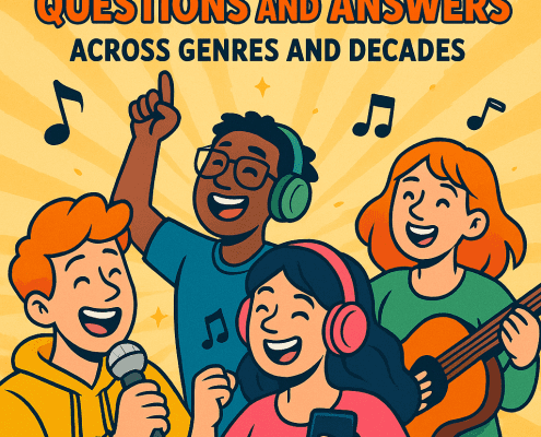 A colorful, animated-style digital illustration promoting the article “200 Music Trivia Questions and Answers Across Genres and Decades.” The scene features cheerful cartoon people dancing, singing, and playing instruments like guitar, keyboard, and drums. Musical notes float through the air, vibrant spotlights glow behind them, and a bold badge reading “FunAttic — Since 1998” appears on the design.