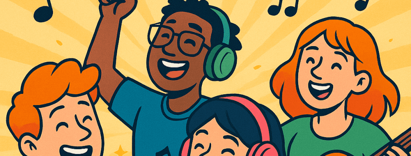 A colorful, animated-style digital illustration promoting the article “200 Music Trivia Questions and Answers Across Genres and Decades.” The scene features cheerful cartoon people dancing, singing, and playing instruments like guitar, keyboard, and drums. Musical notes float through the air, vibrant spotlights glow behind them, and a bold badge reading “FunAttic — Since 1998” appears on the design.