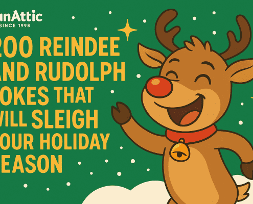 A cheerful cartoon Rudolph with a bright red nose smiles and waves against a green snowy background with star accents. Bold yellow text on the left reads “200 Reindeer and Rudolph Jokes That Will Sleigh Your Holiday Season.” The FunAttic logo with “Since 1998” appears at the top left. The illustration uses vibrant colors and a festive, playful style optimized for both desktop and mobile viewing.