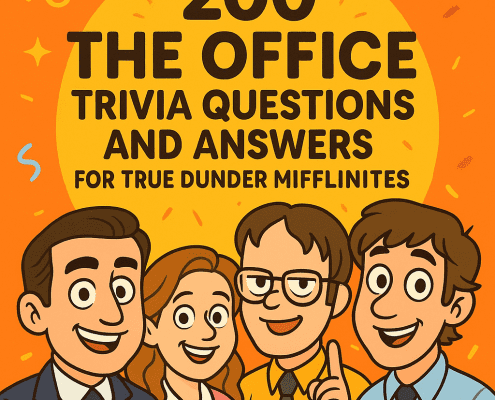 “200 The Office Trivia Questions and Answers for True Dunder Mifflinites” — A colorful, animated 2D digital illustration featuring cartoon versions of iconic The Office characters in a lively newsroom-style collage. Jim pranks Dwight, Pam holds a clipboard, Michael poses proudly with his “World’s Best Boss” mug, and Dwight stands confidently at his beet farm sign. Lighthearted office props like staplers in Jell-O, Dundie trophies, and copy machines surround them. At the top, the title appears in bold playful lettering, along with the FunAttic — Since 1998 badge.