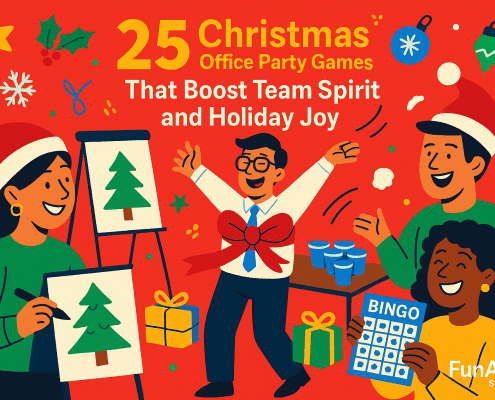 A vibrant, whimsical Christmas office party illustration featuring coworkers laughing and participating in festive games, including Pictionary-style drawing, office bingo, and cup-toss challenges. One employee is humorously wrapped with a giant red bow, surrounded by holiday decorations like ornaments, stars, gifts, and snowflakes. The bold title reads “25 Christmas Office Party Games That Boost Team Spirit and Holiday Joy.” FunAttic. Since 1998 logo appears in the bottom right corner on a bright red background.
