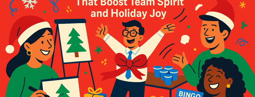 A vibrant, whimsical Christmas office party illustration featuring coworkers laughing and participating in festive games, including Pictionary-style drawing, office bingo, and cup-toss challenges. One employee is humorously wrapped with a giant red bow, surrounded by holiday decorations like ornaments, stars, gifts, and snowflakes. The bold title reads “25 Christmas Office Party Games That Boost Team Spirit and Holiday Joy.” FunAttic. Since 1998 logo appears in the bottom right corner on a bright red background.