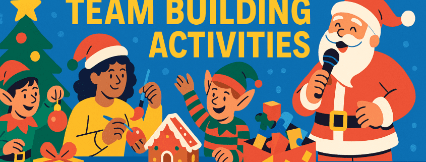 Whimsical and colorful Christmas illustration showing coworkers and elves decorating ornaments, building a gingerbread house, and participating in festive team activities, with Santa singing into a microphone; vibrant holiday artwork promoting “25 Christmas Team Building Activities,” featuring playful characters, bright colors, and FunAttic branding.