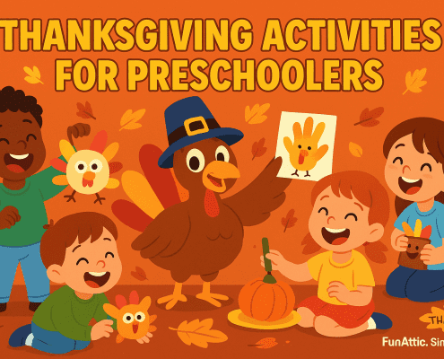 Bright and colorful Thanksgiving preschool activities illustration featuring happy young children crafting handprint turkeys, painting pumpkins, and playing with fall-themed crafts alongside a friendly cartoon turkey wearing a pilgrim hat, with bold text reading ‘Thanksgiving Activities for Preschoolers.’