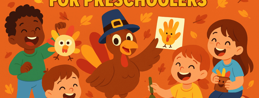 Bright and colorful Thanksgiving preschool activities illustration featuring happy young children crafting handprint turkeys, painting pumpkins, and playing with fall-themed crafts alongside a friendly cartoon turkey wearing a pilgrim hat, with bold text reading ‘Thanksgiving Activities for Preschoolers.’