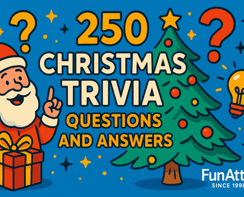 A bright and playful Christmas-themed illustration featuring Santa holding a gift, a decorated Christmas tree, large bold text reading "250 Christmas Trivia Questions and Answers," colorful question marks, and festive icons on a blue background. The FunAttic Since 1998 logo appears in the bottom right corner.