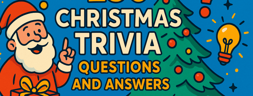 A bright and playful Christmas-themed illustration featuring Santa holding a gift, a decorated Christmas tree, large bold text reading "250 Christmas Trivia Questions and Answers," colorful question marks, and festive icons on a blue background. The FunAttic Since 1998 logo appears in the bottom right corner.