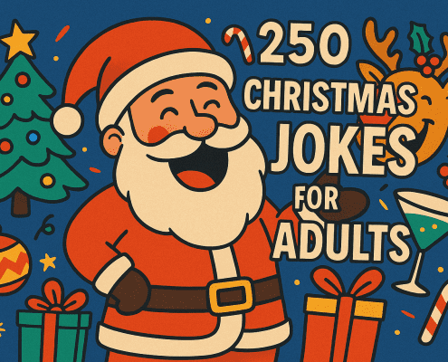 A colorful cartoon-style Christmas illustration featuring a cheerful Santa Claus, a smiling reindeer, holiday decorations, and gifts. Bold text on the right reads “250 Christmas Jokes for Adults.” The design includes bright festive elements like a Christmas tree, ornaments, holly, and a martini glass, all set against a deep blue background. The playful layout uses vibrant colors and a modern, whimsical style.