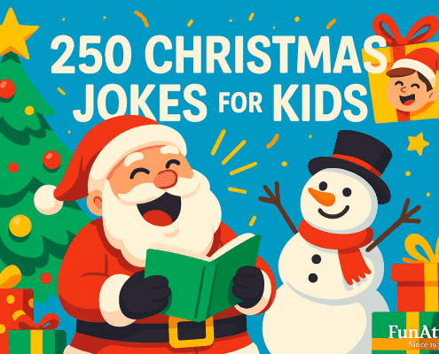 A bright and playful Christmas illustration showing Santa laughing while reading a green book, a cheerful snowman waving beside him, a decorated Christmas tree, colorful wrapped gifts, and festive confetti. The title “250 Christmas Jokes for Kids” appears in bold white text at the top. The FunAttic. Since 1998 logo sits in the bottom right corner.