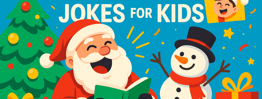 A bright and playful Christmas illustration showing Santa laughing while reading a green book, a cheerful snowman waving beside him, a decorated Christmas tree, colorful wrapped gifts, and festive confetti. The title “250 Christmas Jokes for Kids” appears in bold white text at the top. The FunAttic. Since 1998 logo sits in the bottom right corner.