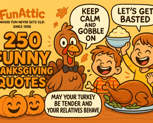 A lively, cartoon-style Thanksgiving illustration in warm autumn colors features a smiling turkey wearing a bow tie, two laughing children holding a bowl of mashed potatoes, and two cheerful pumpkins. Bold text on the left reads “250 Funny Thanksgiving Quotes” with the FunAttic “Where Fun Never Gets Old. Since 1998” logo above it. Speech bubbles say “Keep calm and gobble on,” “Let’s get basted,” and “May your turkey be tender and your relatives behave.” Falling leaves and a roasted turkey on a plate complete the festive, playful FunAttic-themed design.