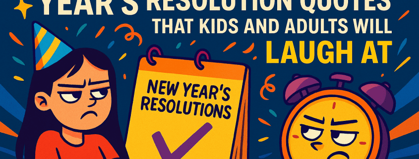 Illustrated New Year’s banner with the title “250 Sarcastic New Year’s Resolution Quotes That Kids and Adults Will Laugh At,” featuring a grumpy girl in a party hat with crossed arms, a sarcastic-looking alarm clock, and a large New Year’s resolutions calendar with a check mark. Colorful confetti and bold lettering appear on a dark blue background, with the FunAttic logo in the bottom right corner.
