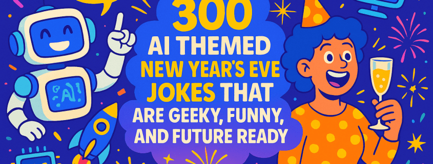 A colorful, playful New Year’s Eve illustration featuring a smiling robot giving a thumbs-up beside a cheerful person in a party hat holding a champagne glass. Bright fireworks, confetti, an AI microchip, a rocket, and a happy computer icon surround bold central text that reads: “300 AI Themed New Year’s Eve Jokes That Are Geeky, Funny, and Future Ready.” A yellow speech bubble above the robot says “2024.” The background is a vibrant purple-blue gradient, and the bottom right corner displays the white logo text “FunAttic. Since 1988.”