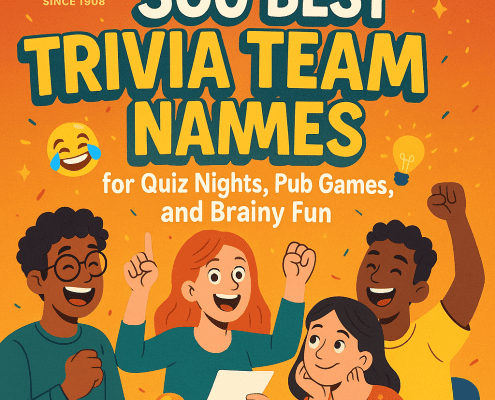 300 Best Trivia Team Names for Quiz Nights, Pub Games, and Brainy Fun” promotional graphic — a colorful, animated illustration featuring excited cartoon people cheering, holding trivia sheets, raising hands, and celebrating around a bright board that reads “300 Trivia Team Names.” The design includes the FunAttic logo with the tagline “Since 1998,” set against a lively, high-energy backdrop with stars, speech bubbles, and playful icons representing quizzes and brain games.