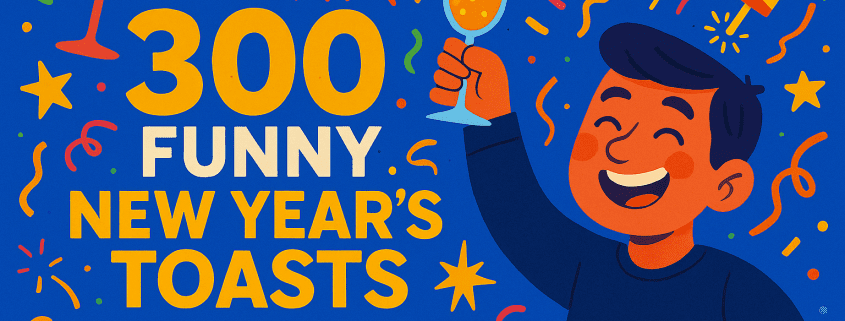 A vibrant, playful New Year’s celebration illustration featuring a cheerful cartoon person raising a sparkling drink in a toast. Bold yellow and white text reads “300 Funny New Year’s Toasts for Parties, Cheers, and Midnight Laughs.” The background is filled with colorful confetti, fireworks, stars, and festive elements like a wine glass and a firework rocket. The FunAttic logo with the text “FunAttic. Since 1998” appears in the bottom right corner. The style is bright, whimsical, and lively.