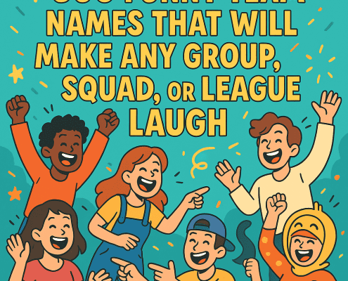Colorful animated illustration for the article 300 Funny Team Names That Will Make Any Group, Squad, or League Laugh, featuring a group of joyful cartoon characters cheering, laughing, and celebrating around the bold title on a teal background with confetti and playful shapes.