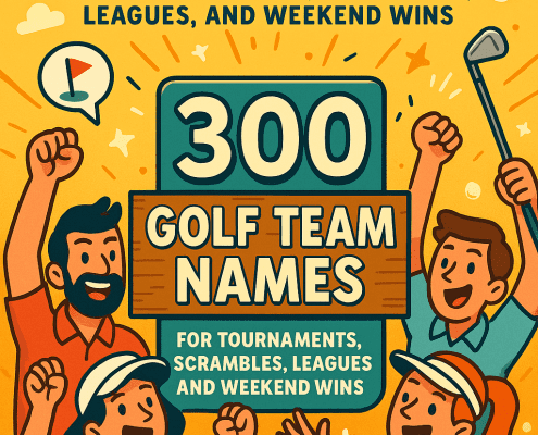 A vibrant animated illustration promoting the article “300 Golf Team Names for Tournaments, Scrambles, Leagues, and Weekend Wins.” The scene shows cheerful cartoon golfers—two men and one woman—swinging clubs, celebrating, and posing on a bright green golf course with rolling hills, flags, and golf carts in the background. Dynamic motion lines, floating golf balls, and playful sparkles add energy. At the top, a fun bold header displays the article title, and the FunAttic “Since 1998” badge appears prominently.