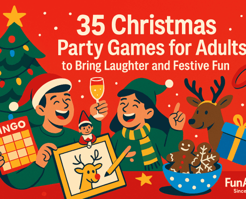 A vibrant, whimsical Christmas illustration showing adults laughing and playing festive party games, including bingo, Pictionary, and reindeer ring toss. A decorated Christmas tree, gifts, cookies, and holiday icons surround the characters. Bold red background, bright saturated colors, and playful digital-art style. Text reads “35 Christmas Party Games for Adults to Bring Laughter and Festive Fun.” FunAttic. Since 1998 logo appears in the bottom right corner.