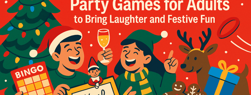 A vibrant, whimsical Christmas illustration showing adults laughing and playing festive party games, including bingo, Pictionary, and reindeer ring toss. A decorated Christmas tree, gifts, cookies, and holiday icons surround the characters. Bold red background, bright saturated colors, and playful digital-art style. Text reads “35 Christmas Party Games for Adults to Bring Laughter and Festive Fun.” FunAttic. Since 1998 logo appears in the bottom right corner.