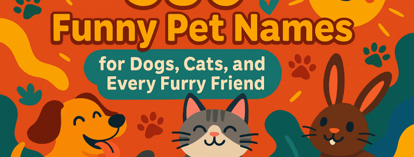 A bright, playful illustration featuring a smiling orange dog, a happy gray tabby cat, and a cheerful brown rabbit sitting together against a colorful orange background. Paw prints, hearts, leaves, and a smiling sun surround the animals. Large bold text reads “350 Funny Pet Names” with a subtitle “for Dogs, Cats, and Every Furry Friend.” A small “FunAttic — Since 1998” label appears in the bottom right corner.