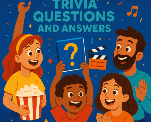 Illustrated book cover titled “400 Disney Trivia Questions and Answers.” The top displays the large yellow number “400” above the white Disney logo. Below, teal text reads “Trivia Questions and Answers.” The background is deep blue with colorful confetti, sparkles, stars, and music notes. Four cartoon-style characters—a girl with popcorn, a boy holding up a blue book with a yellow question mark, a smiling man, and a clapping girl—celebrate together. At the bottom are a golden Disney-style castle, 3D glasses, a movie clapboard, and the FunAttic logo with “Since 1998.”