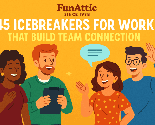 45 Icebreakers for Work That Build Team Connection” — An animated, brightly colored illustration featuring four cheerful coworkers interacting against a warm yellow background. A woman with dark curly hair smiles with a hand on her chest, a man with red hair holds a clipboard, a woman in a polka-dot shirt gestures while speaking with a speech bubble above her, and a man with glasses waves enthusiastically. Above them, the bold title “45 Icebreakers for Work That Build Team Connection” is displayed along with the FunAttic logo reading “FunAttic Since 1998.