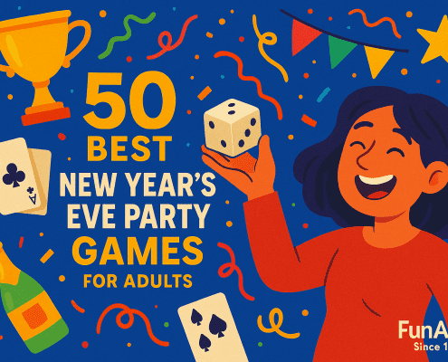 A bright, playful New Year’s Eve illustration featuring a cheerful woman laughing while holding a large white die. Bold yellow and white text reads “50 New Year’s Eve Party Games for Adults.” Festive elements like confetti, streamers, a trophy, champagne bottle, playing cards, colorful pennant banners, and stars fill the vibrant blue background. The FunAttic logo with the text “FunAttic. Since 1908” appears in the bottom right corner. The overall style is whimsical, energetic, and celebratory.