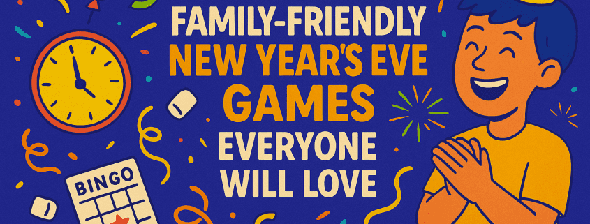 A bright, playful New Year’s Eve illustration shows a smiling child in a party hat clapping excitedly on the right, surrounded by colorful confetti, streamers, and fireworks on a deep blue background. On the left, a yellow clock nearing midnight, a red balloon, a bingo card with a star, and a party cup hint at family games. Bold central text reads: “50 Family-Friendly New Year’s Eve Games Everyone Will Love.” The FunAttic logo with the words “Since 1998” appears in white in the bottom right corner.