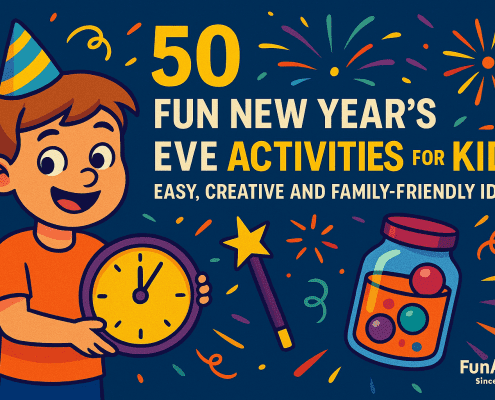 Illustrated New Year’s Eve banner with the text “50 Fun New Year’s Eve Activities for Kids: Easy, Creative and Family-Friendly Ideas,” showing a smiling boy in a party hat holding a clock, surrounded by colorful fireworks, confetti, a magic wand, and a jar of glowing balls on a deep blue background, with the FunAttic. Since 1998 logo in the bottom right corner.