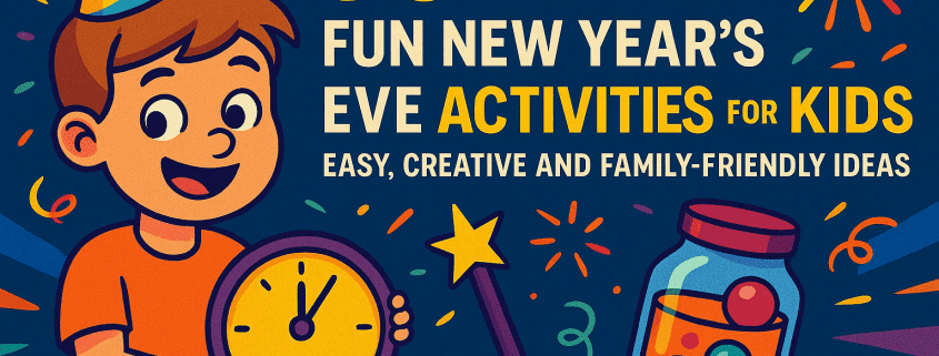 Illustrated New Year’s Eve banner with the text “50 Fun New Year’s Eve Activities for Kids: Easy, Creative and Family-Friendly Ideas,” showing a smiling boy in a party hat holding a clock, surrounded by colorful fireworks, confetti, a magic wand, and a jar of glowing balls on a deep blue background, with the FunAttic. Since 1998 logo in the bottom right corner.